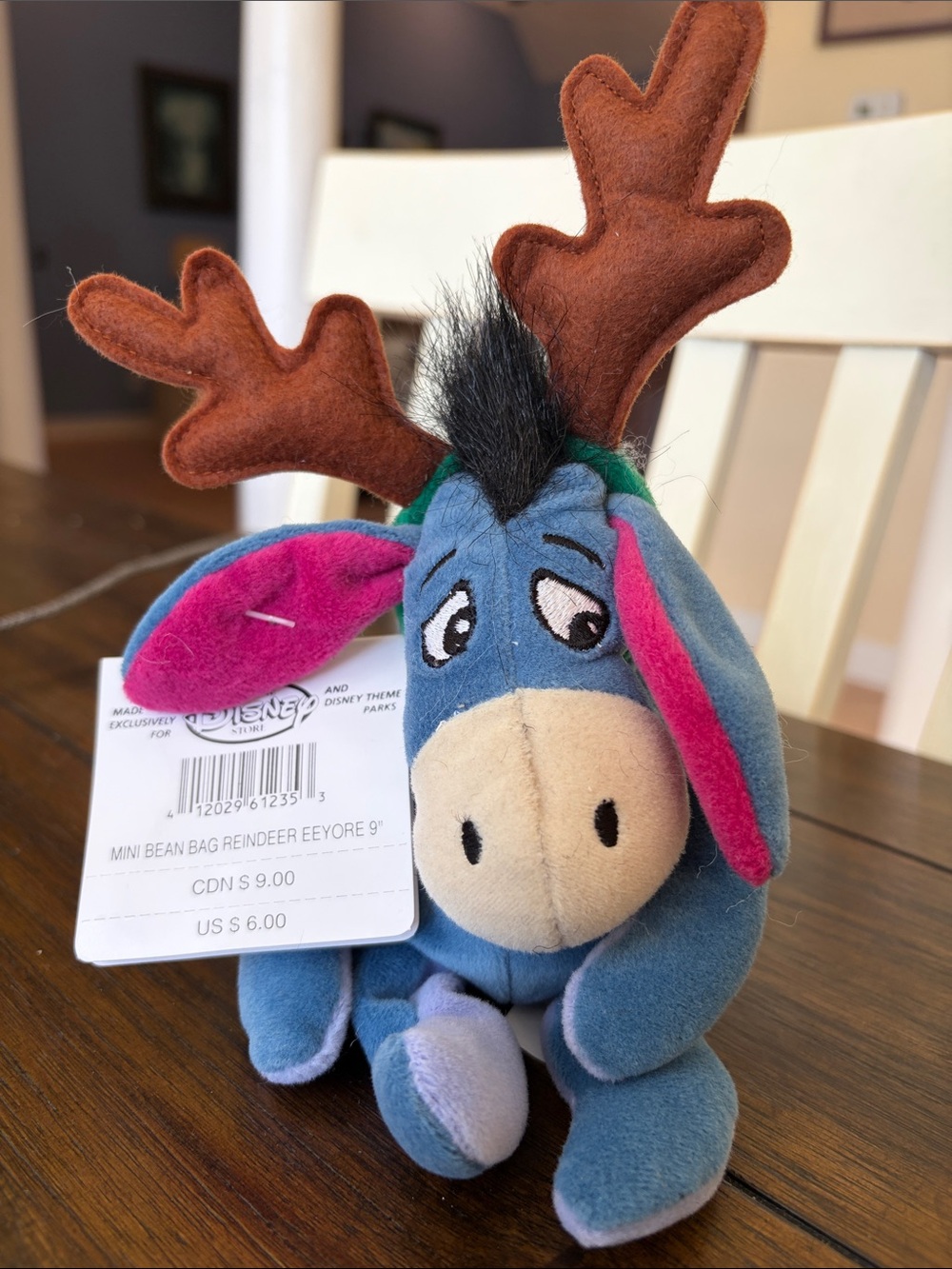 Disney Blue Eeyore Reindeer Plush with Brown Antlers and Pink Ears